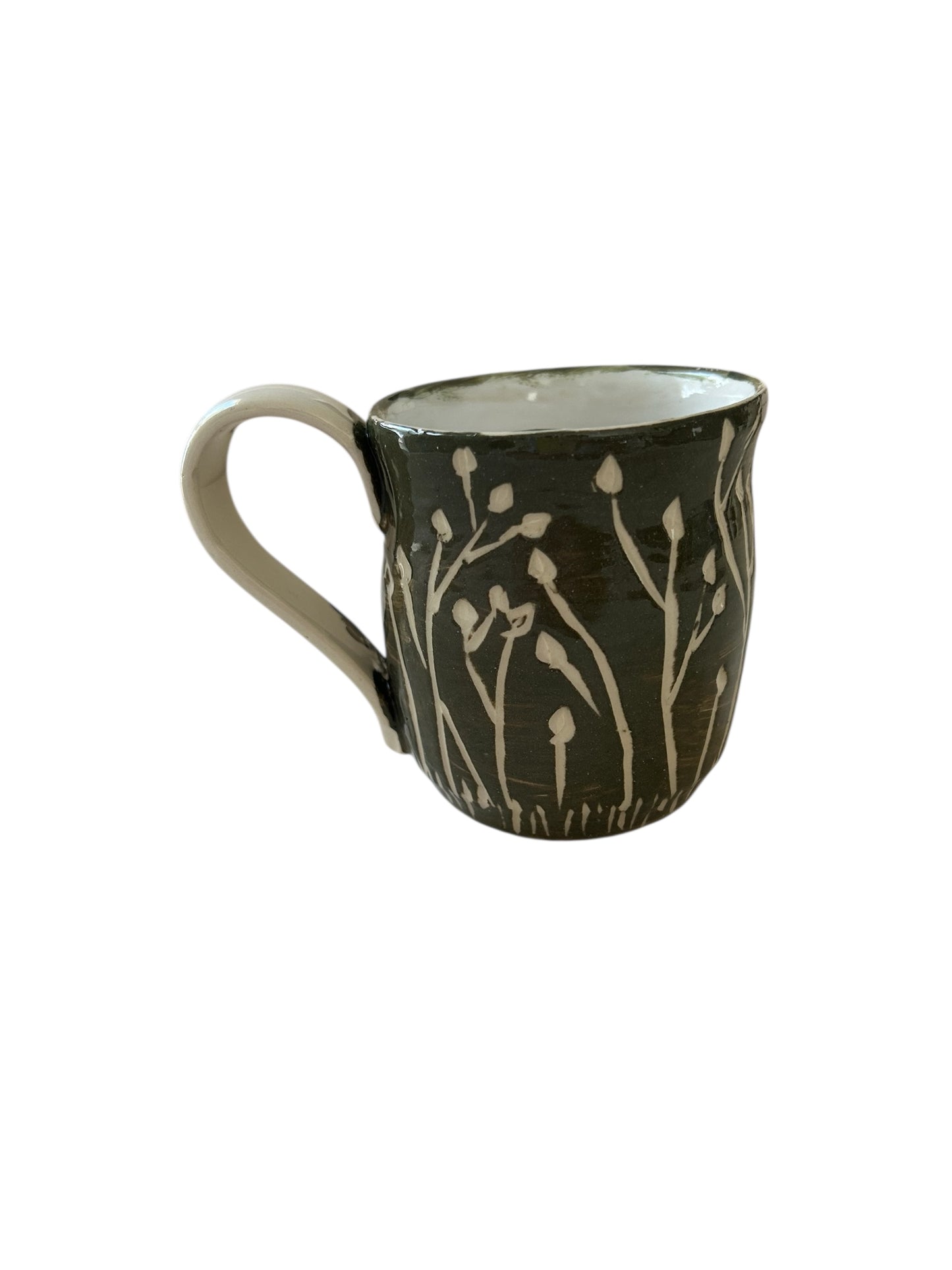 Sgraffito Mug #36 with Carved Fall Flower Designs in Dark Green