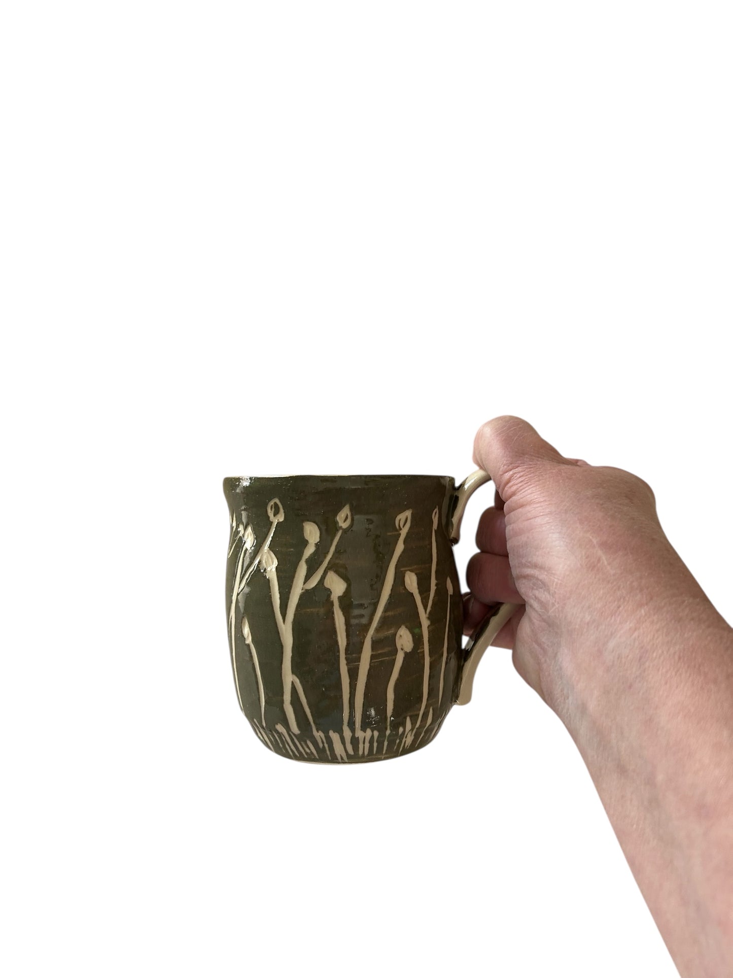 Sgraffito Mug #36 with Carved Fall Flower Designs in Dark Green