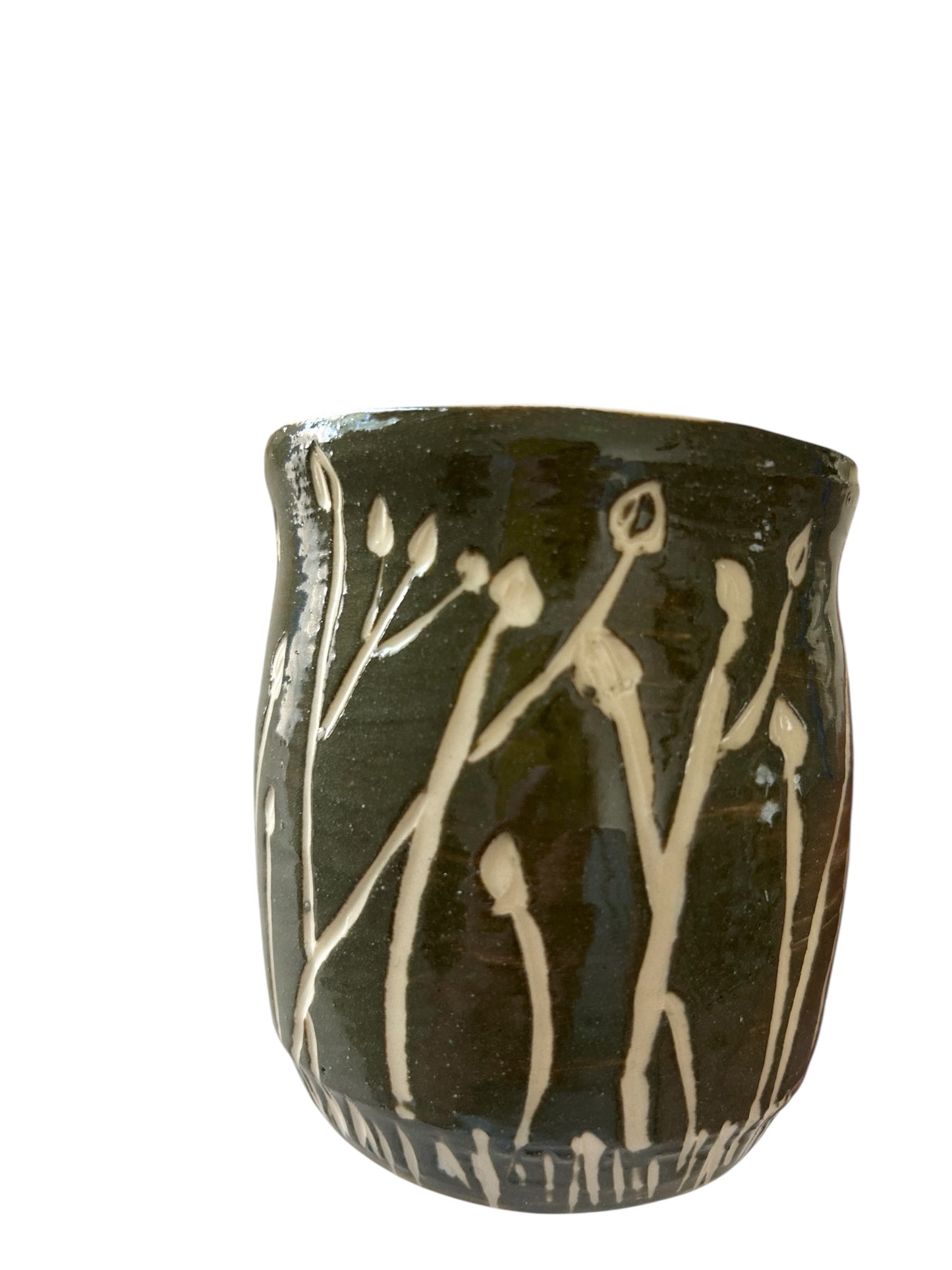 Sgraffito Mug #36 with Carved Fall Flower Designs in Dark Green