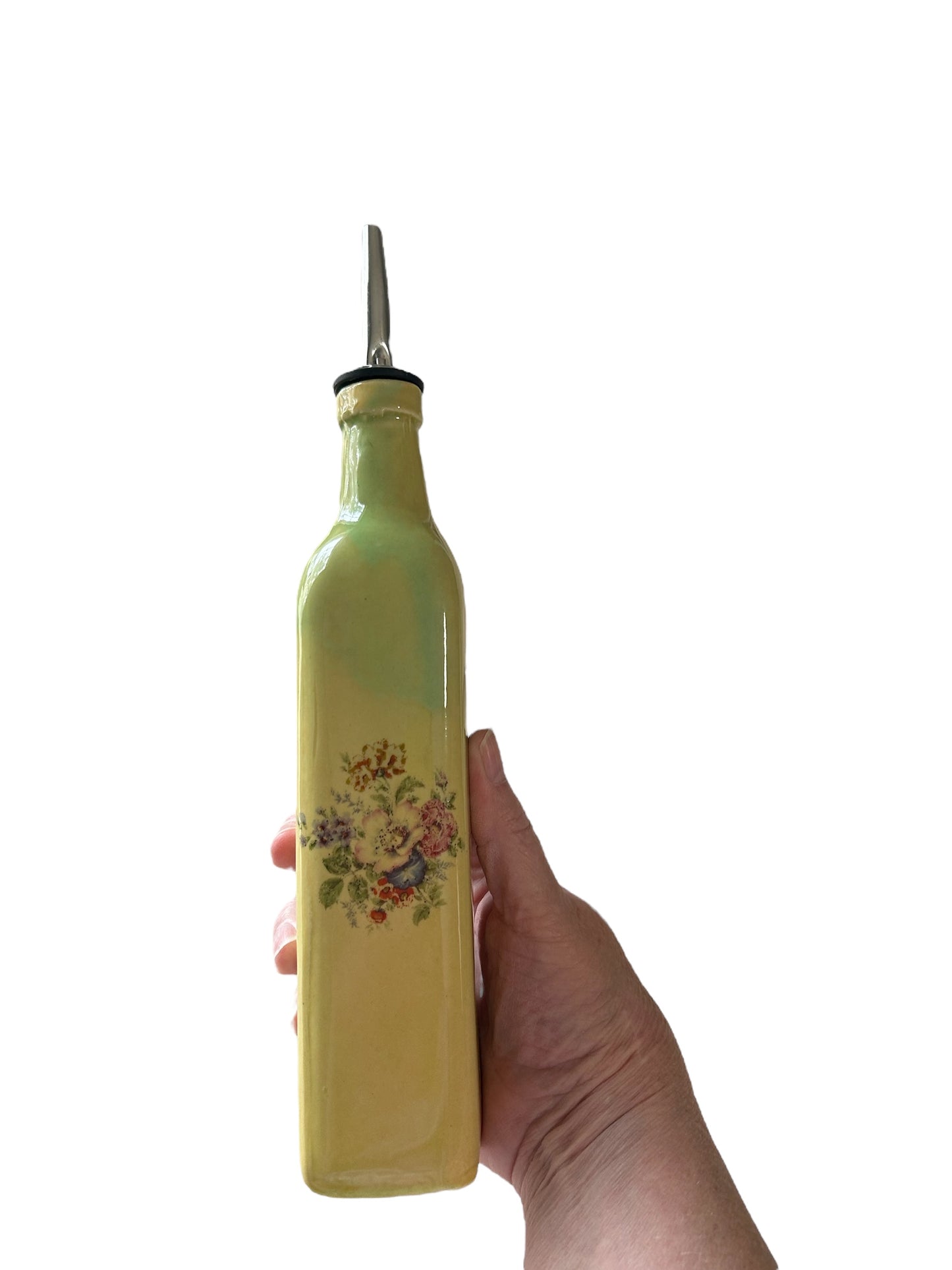 Slip Cast Olive Oil Cruet #3 with Fall Flowers and Leaves in Yellow Orange and Green
