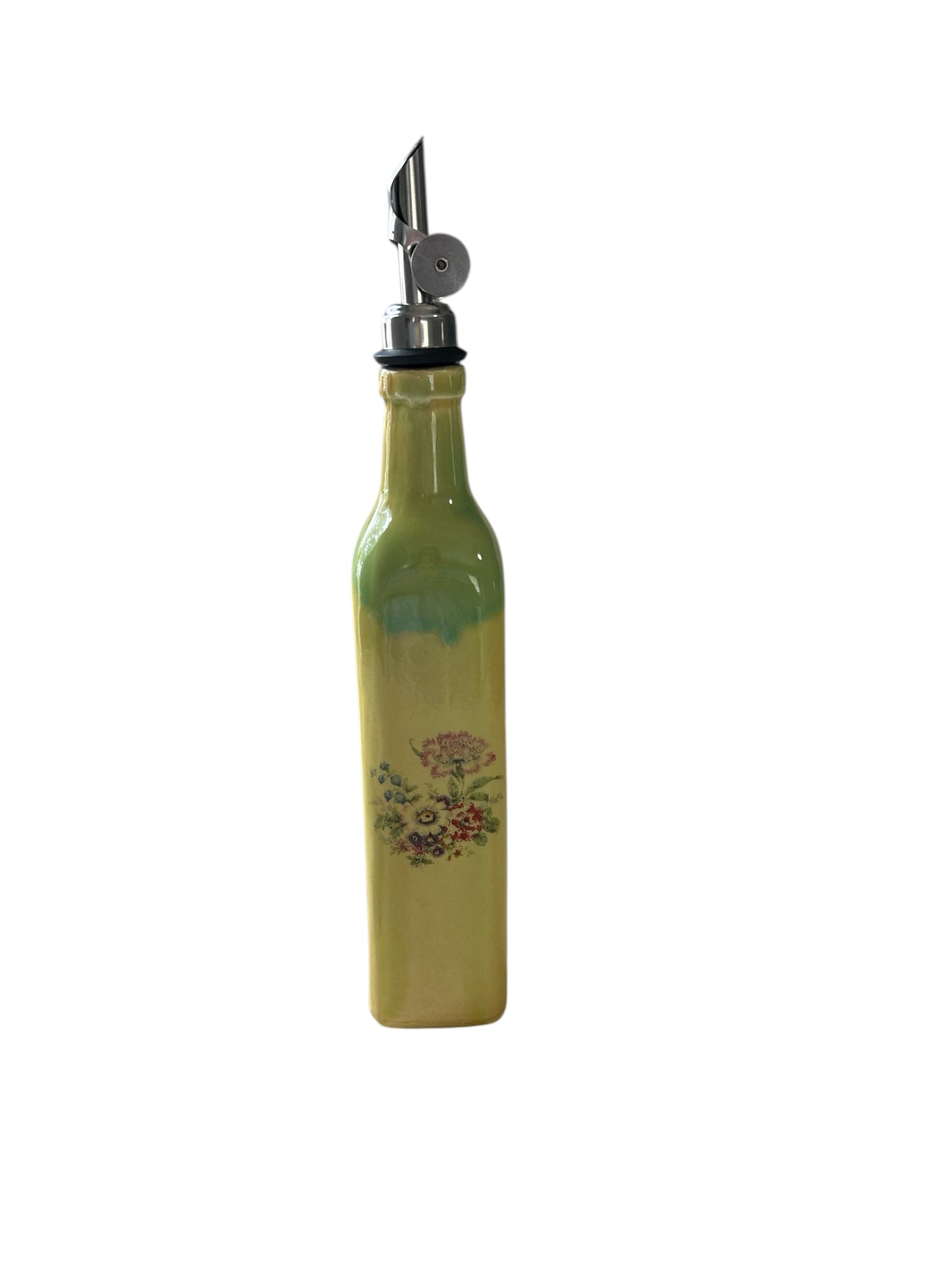 Slip Cast Olive Oil Cruet #3 with Fall Flowers and Leaves in Yellow Orange and Green