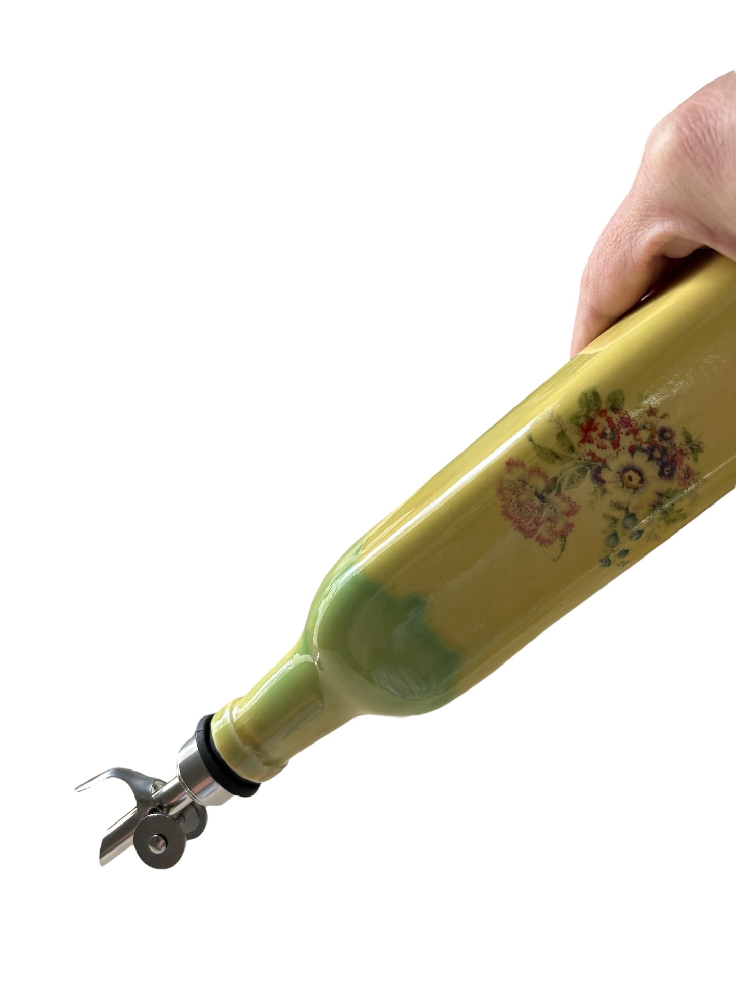 Slip Cast Olive Oil Cruet #3 with Fall Flowers and Leaves in Yellow Orange and Green