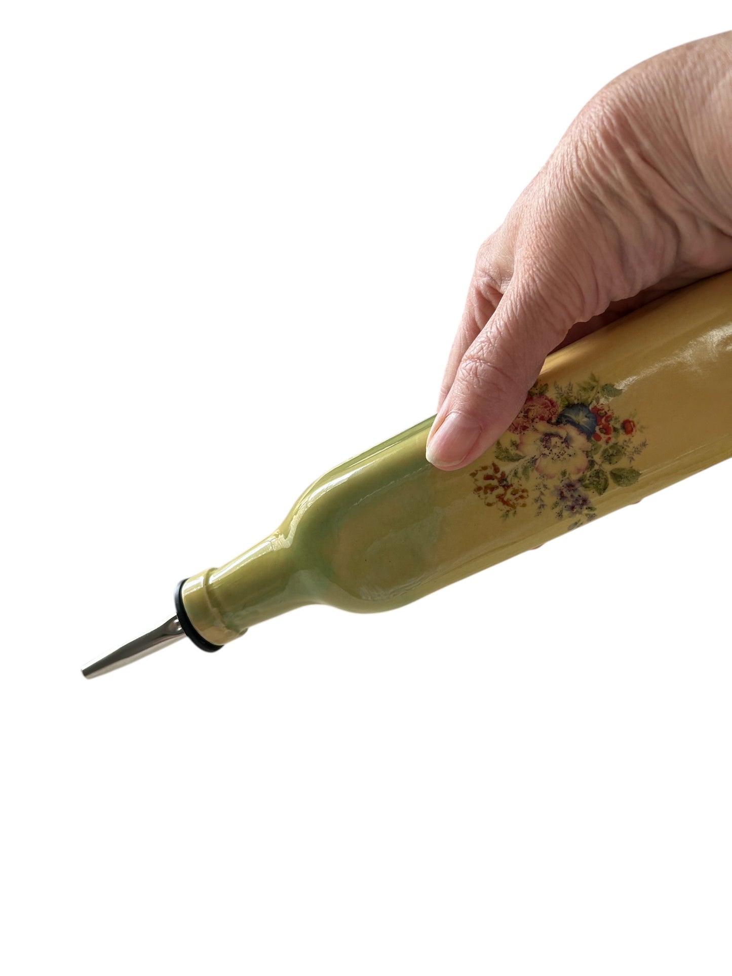 Slip Cast Olive Oil Cruet #4 with Fall Flowers and Leaves in Yellow Orange and Green