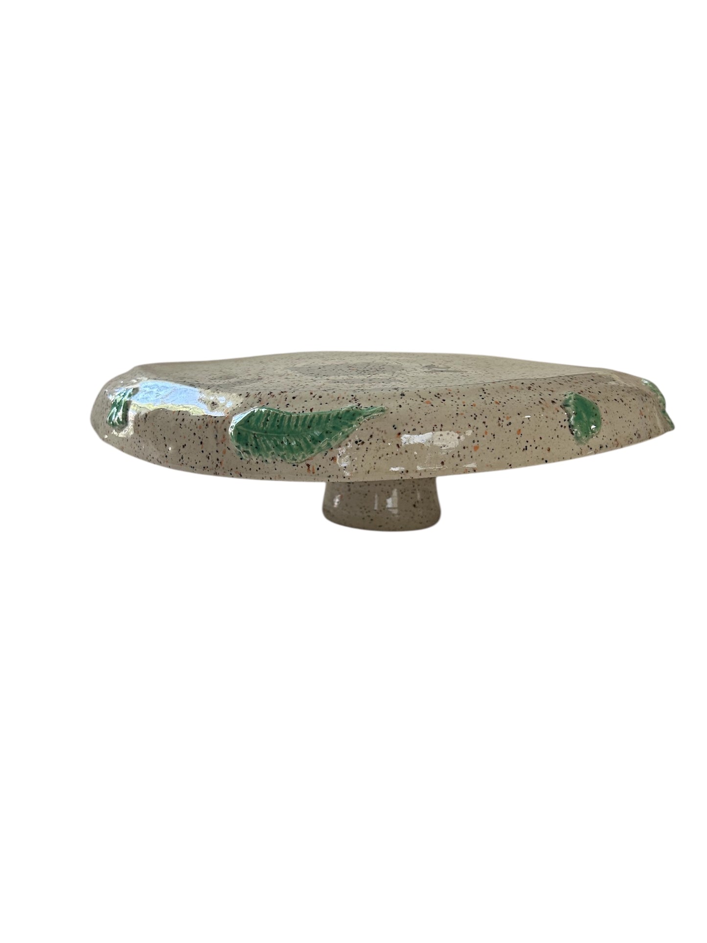 Handbuilt Cake Stand #1 with Sprigged Leaves on Speckled White Glaze