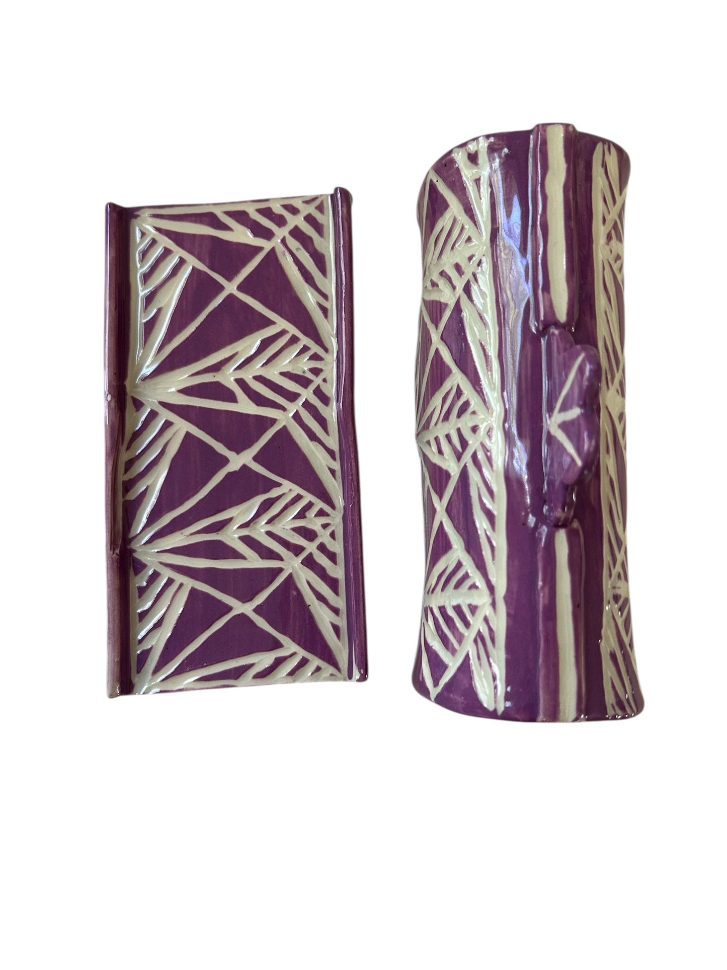 Carved Sgraffito Butter Dish #3 with Wheat Designs in Amethyst