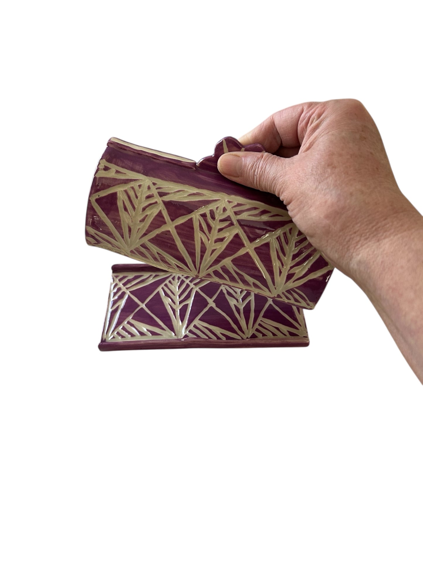Carved Sgraffito Butter Dish #3 with Wheat Designs in Amethyst