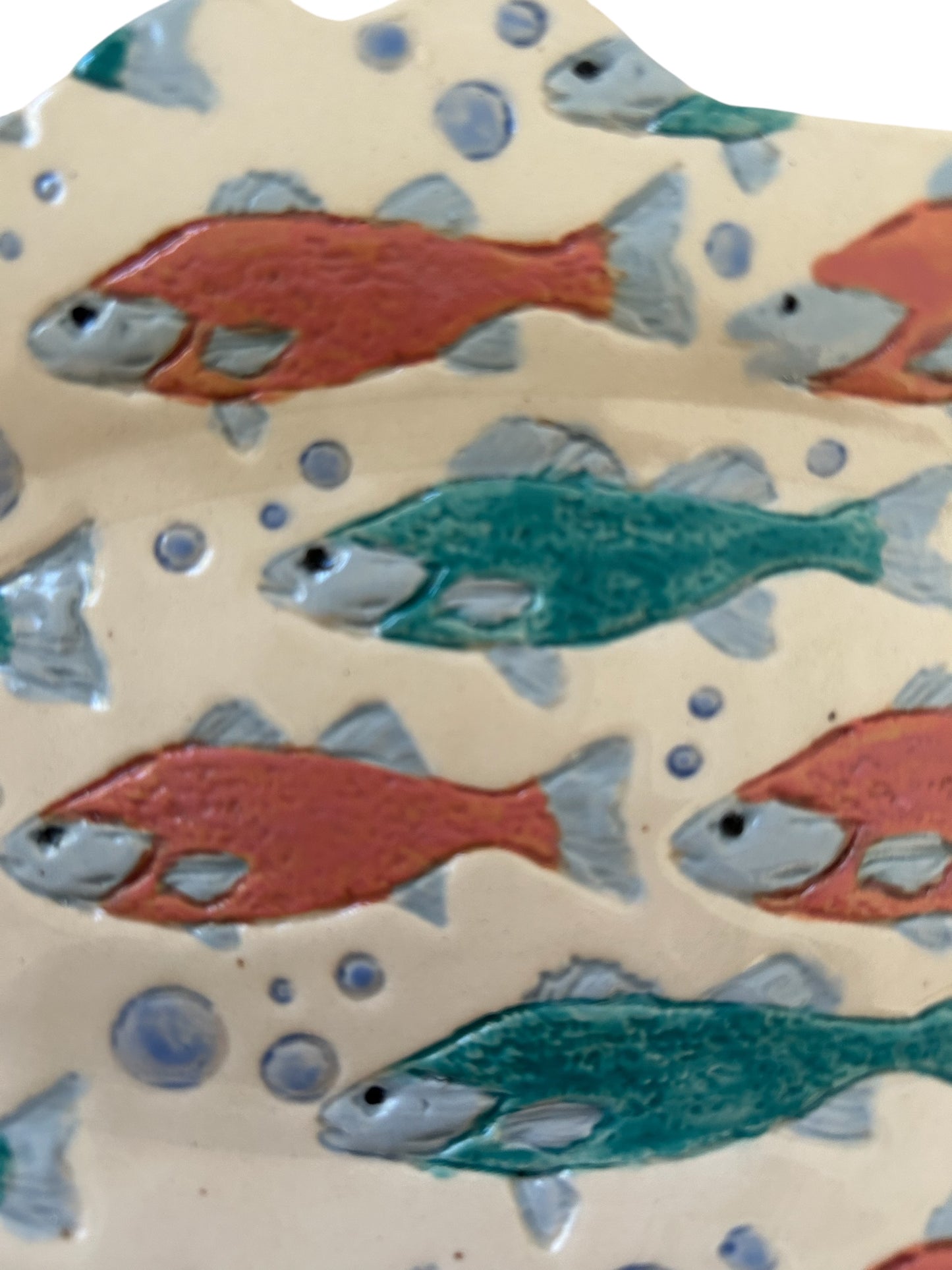 Individual Textured Fish Tray #18 with Stylized Salmon in Salmon Pink and Teal Blue