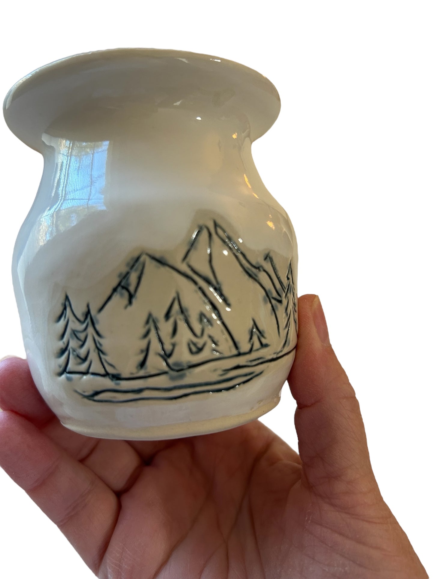 Small Mishima Inlay Bud Vase #15 with Snowy Mountains and Evergreens