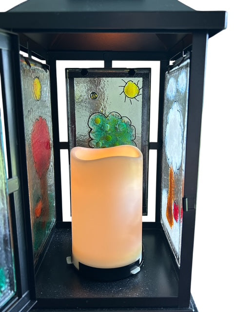 Homemade Battery-Powered Fused Glass Candle Lantern with Seasonal Trees Designs