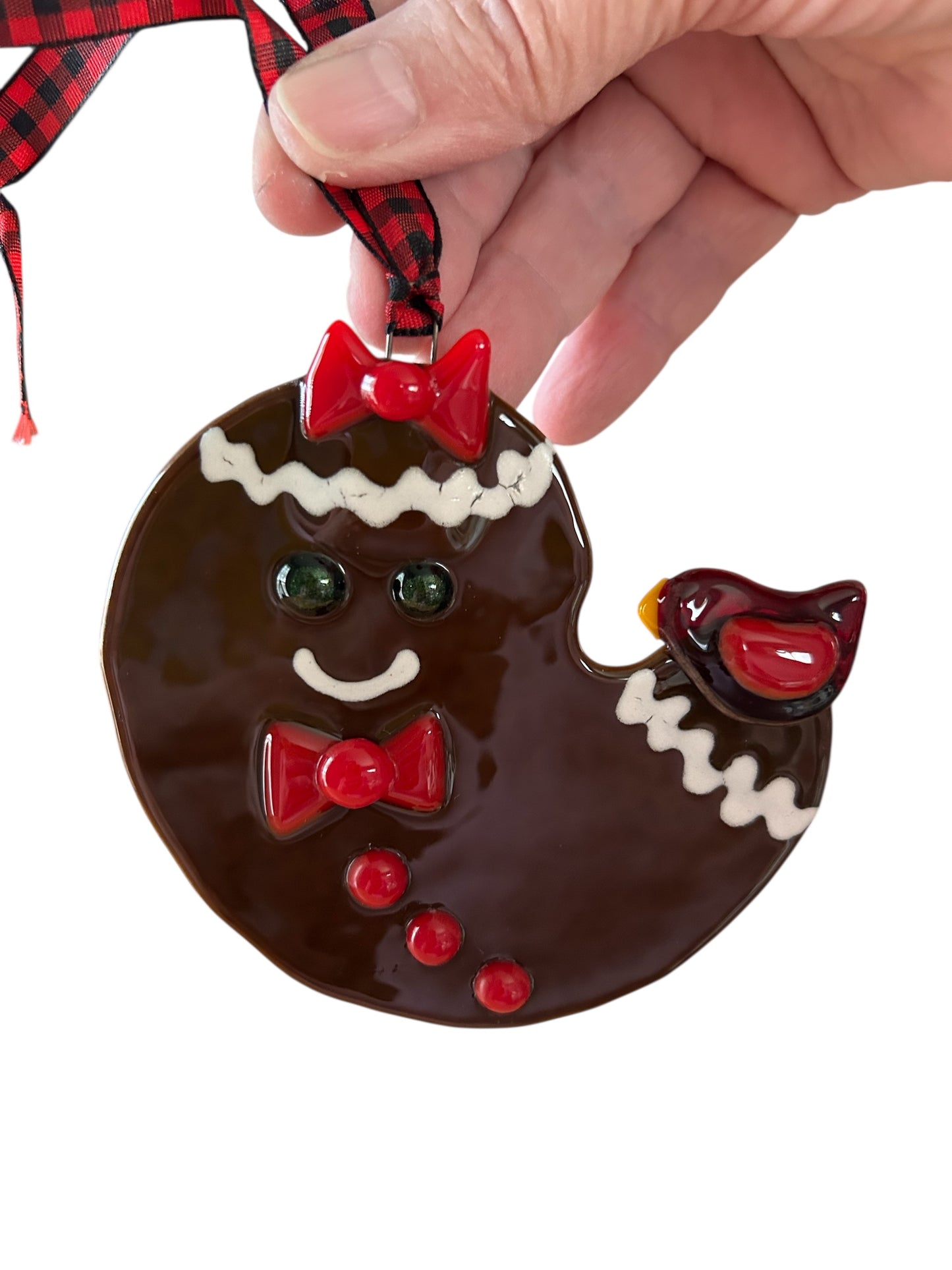Homemade Fused Glass Gingerbread Man and Bird Christmas Ornament