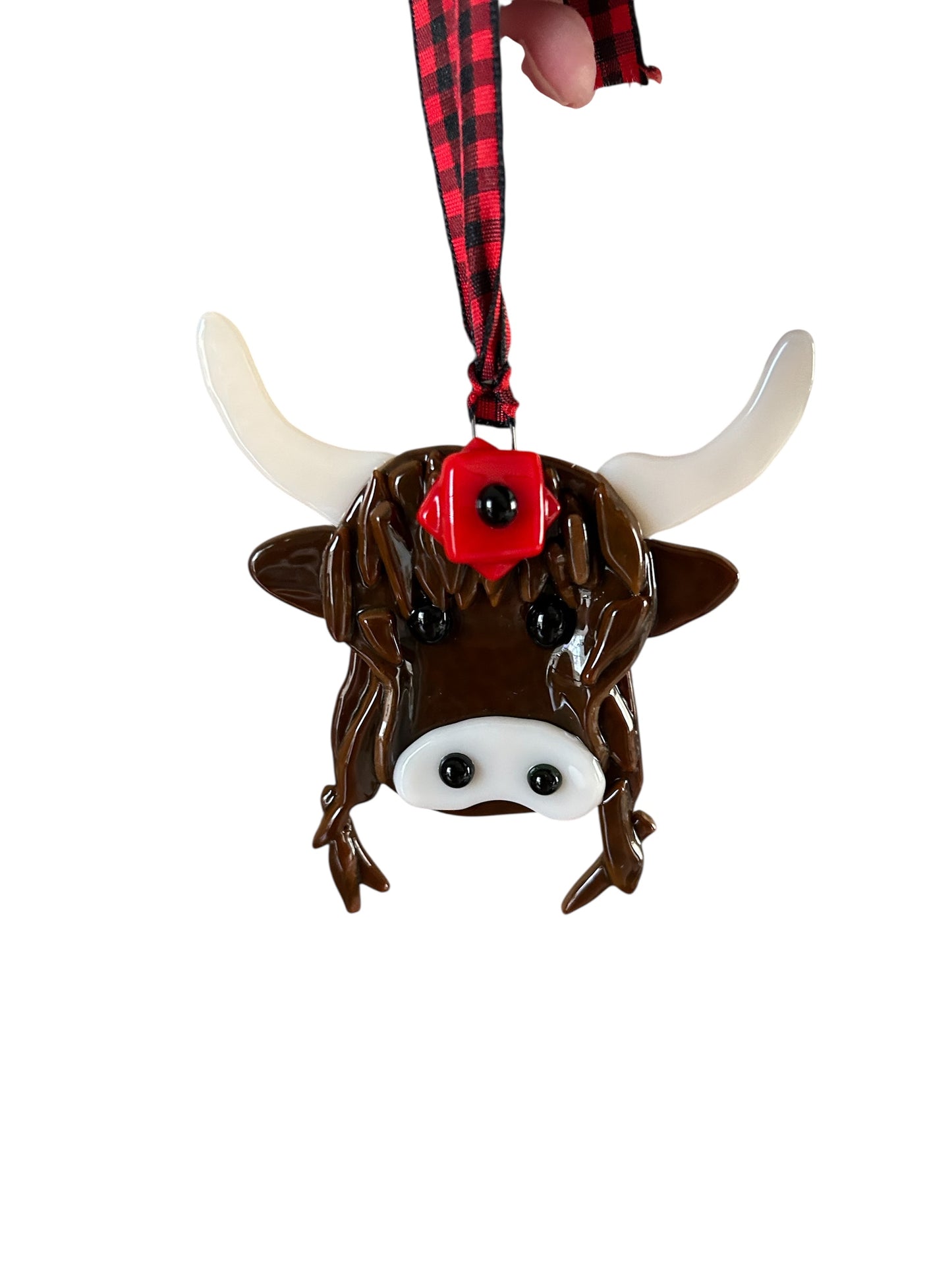 Homemade Fused Glass Highland Coo Christmas Ornament