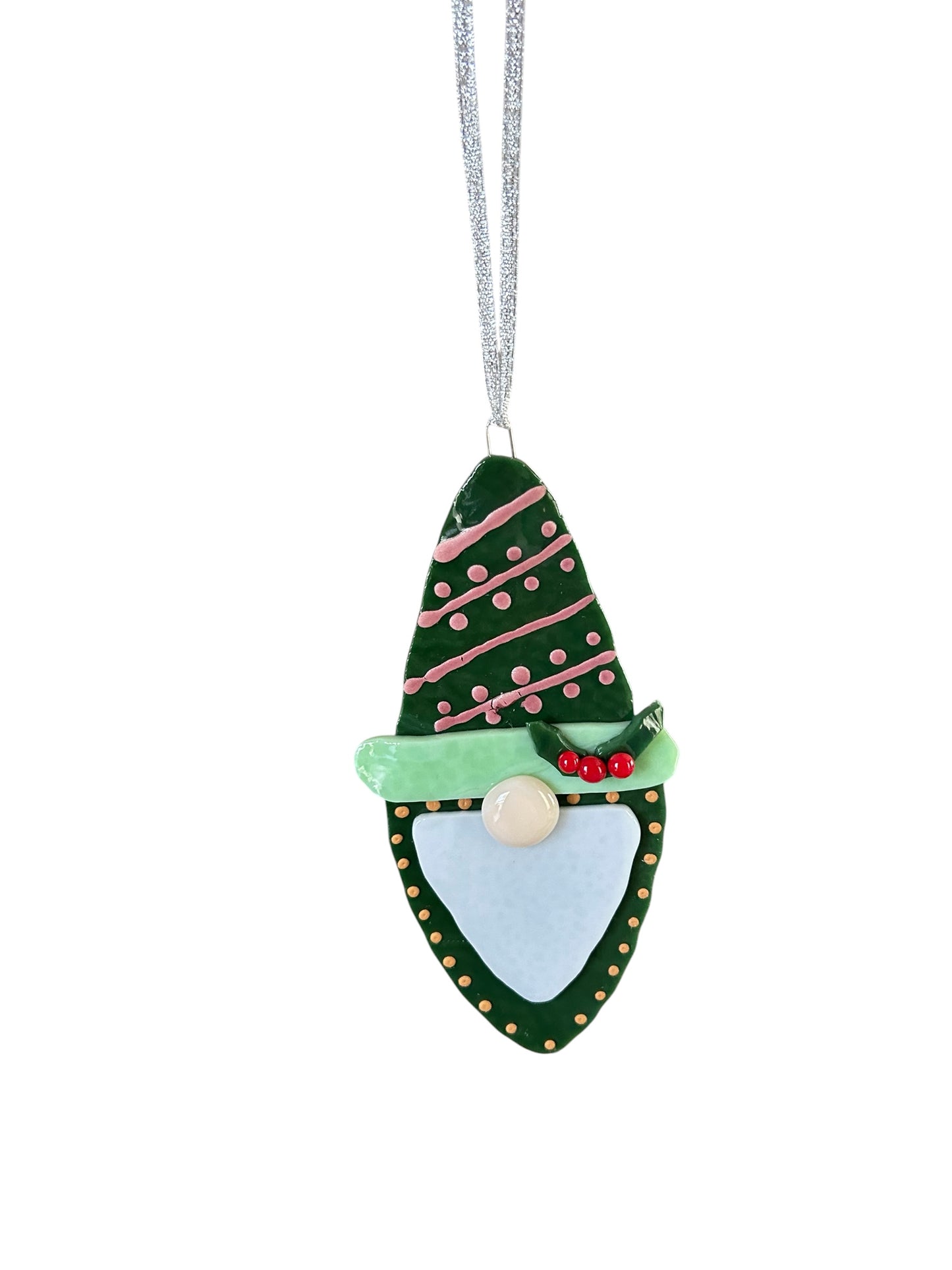 Homemade Fused Glass Christmas Gnome Ornament in Forest Green