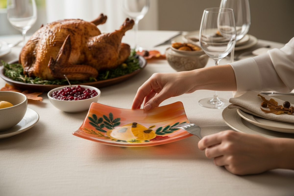 Homemade Fused Glass Tray with Thanksgiving Pumpkins