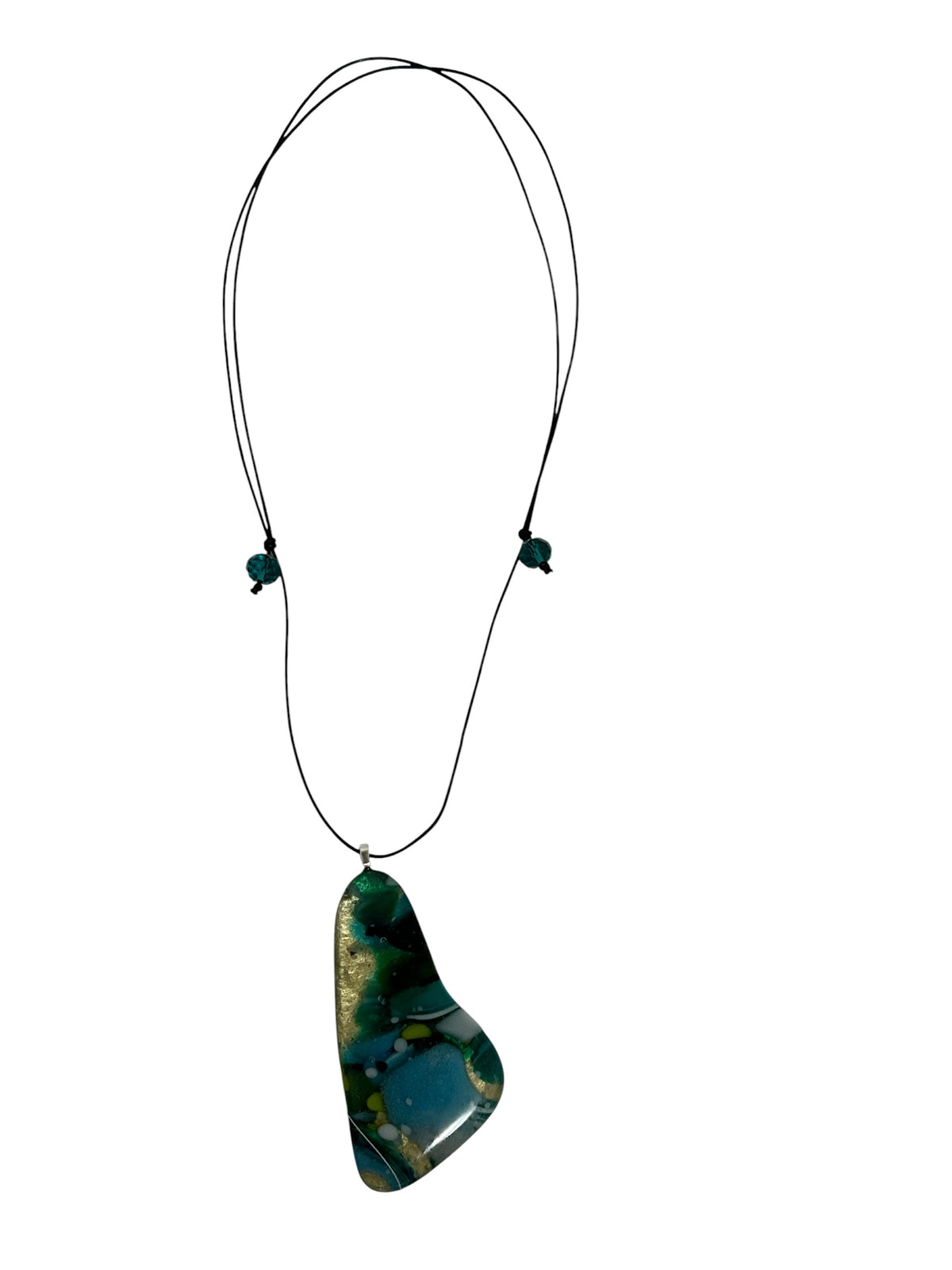 Fused Glass Pendant Necklace Winter #2, Kiln-Formed Glass with Liquid Gold Leaf and Adjustable Leather Cord