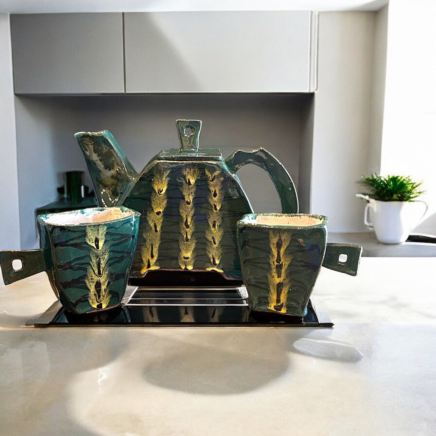 Handbuilt Teapot and Squared Tea Mugs Set #60 with Handpainted Peacock Feathers in Teal Green