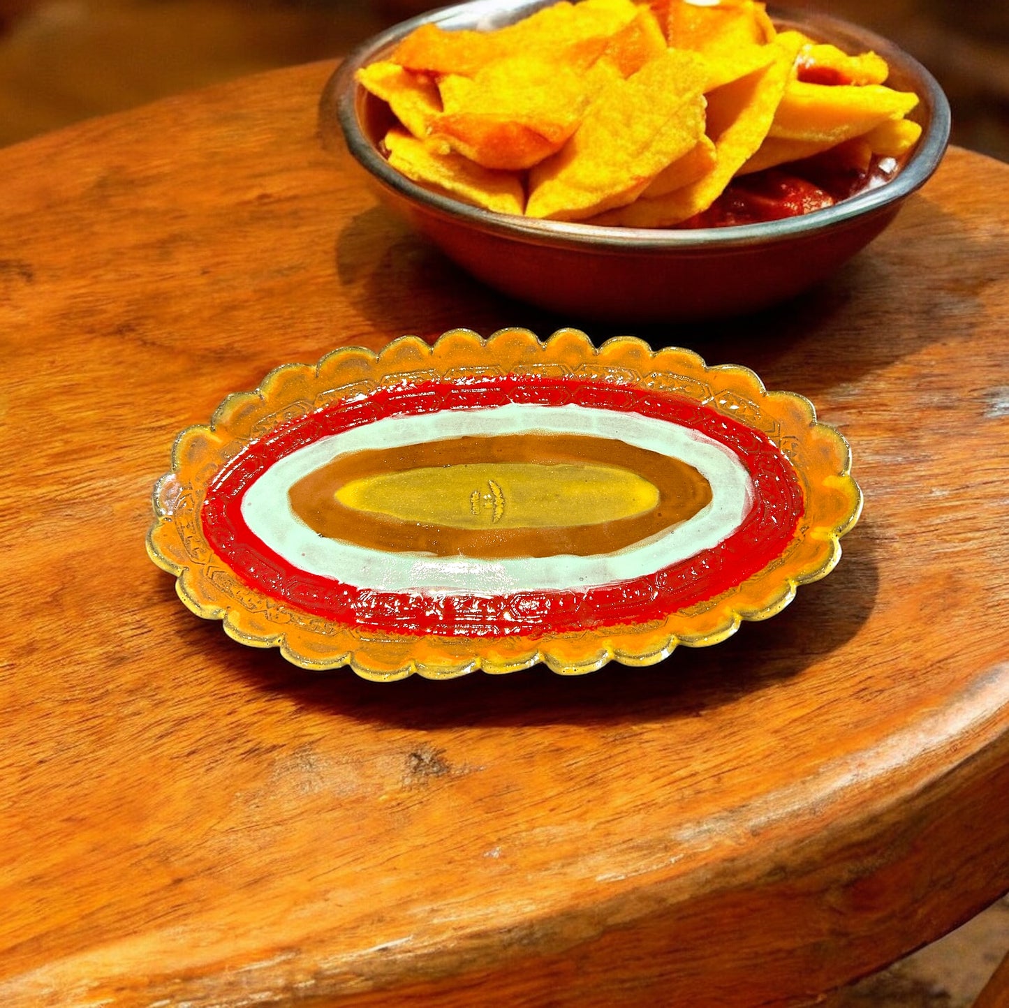 Small Handbuilt Textured Nachos Platter #33 with Scalloped Rim with Festive Southwestern Designs in Bold Colors