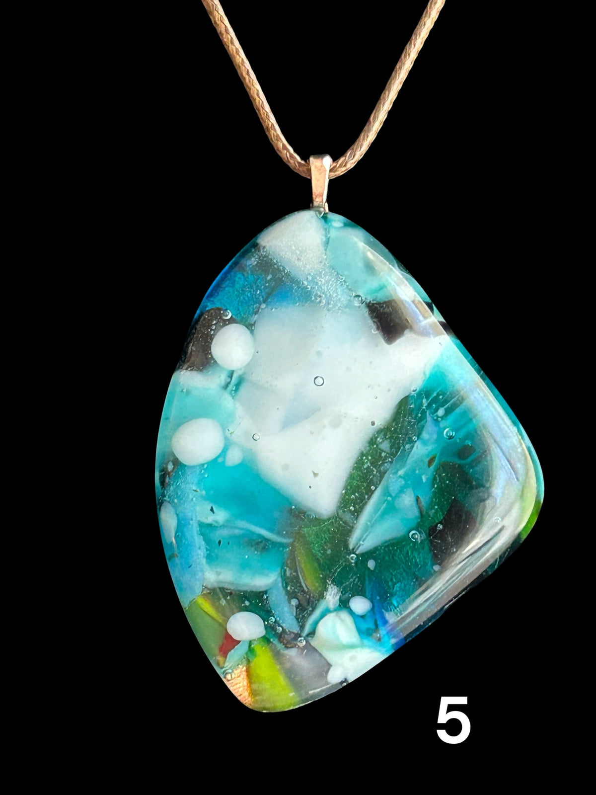 Kiln-Formed Glass Pendant Necklace with Gold Leaf, Winter Palette, 18 Inch Brown Waxed Leather Cord, Free Form Shape
