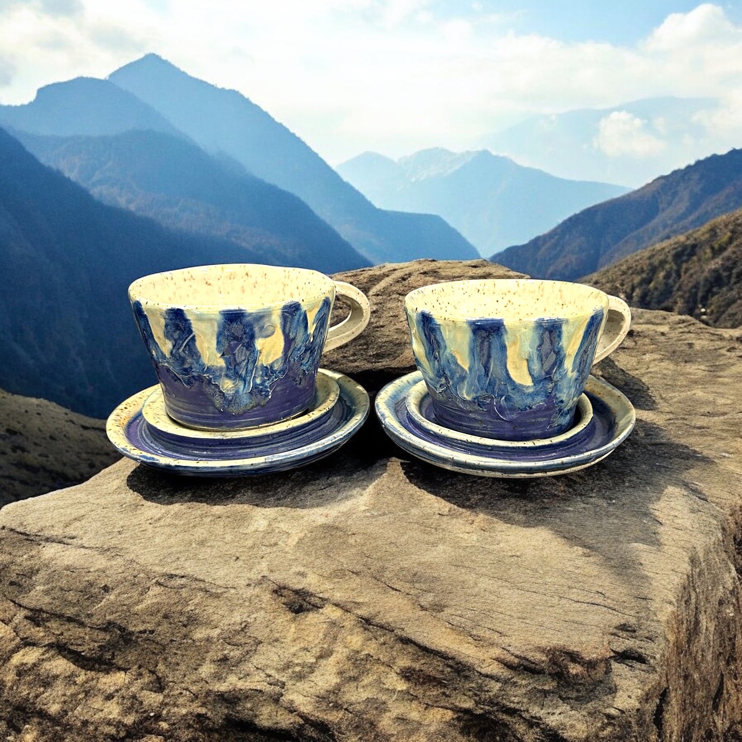 Wheel-Thrown Icing Tea Cups and Saucers #86 in Aspen Blue and Snowy White