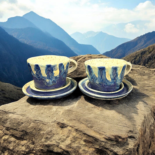 Wheel-Thrown Icing Tea Cups and Saucers #86 in Aspen Blue and Snowy White