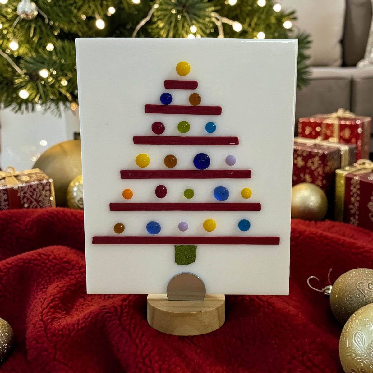 Homemade Fused Glass Abstract Christmas Tree with Multicolor Lights