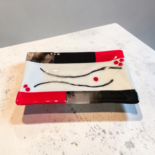 Handmade Fused Glass Appetizer Tray in Red, White, and Black