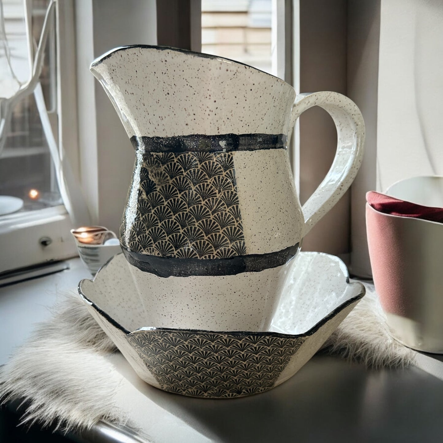 Art Deco Set of Bowl and Jug #1 with Monoprint and Stamped Shell Designs in Black and White on Speckled Clay