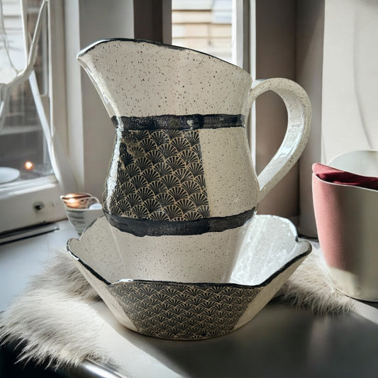 Art Deco Set of Bowl and Jug #1 with Monoprint and Stamped Shell Designs in Black and White on Speckled Clay