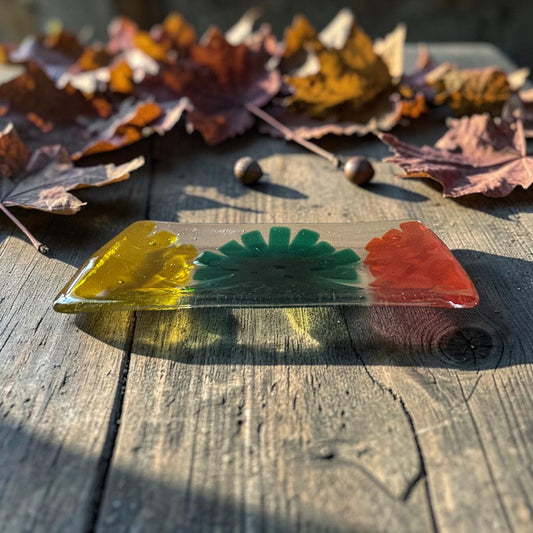 Homemade Fused Glass Tray with Autumn Flowers Design
