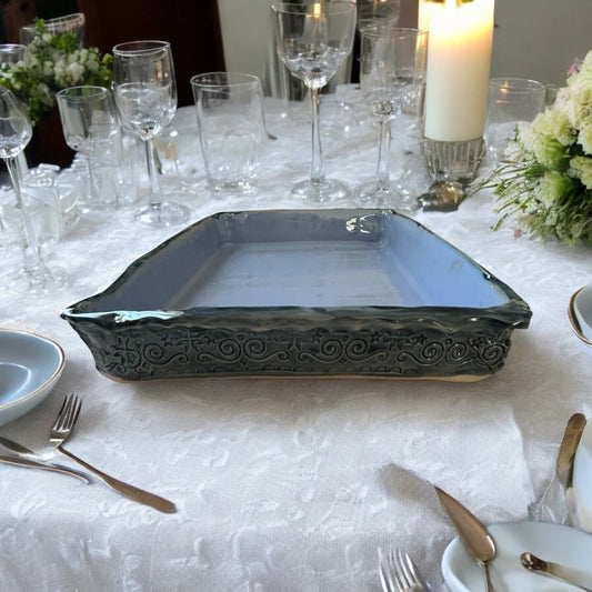 Large Baking Pan #30 with Scandinavian Scrolls in Winter Blue