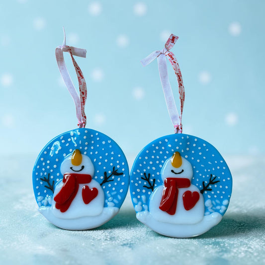 Homemade Fused Glass Blissful Snowman Christmas Ornament