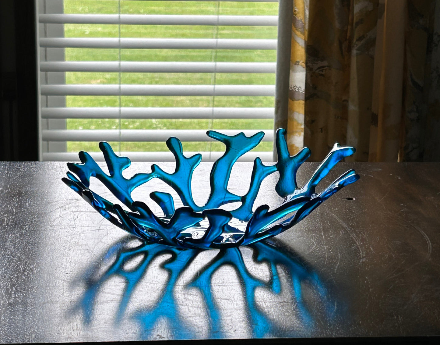 Handmade 10" Fused Glass Coral Fruit Bowl in Turquoise Blue