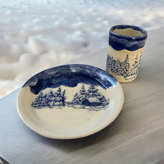 Monoprint Breakfast Set #12 with Log Cabin Winter Scene