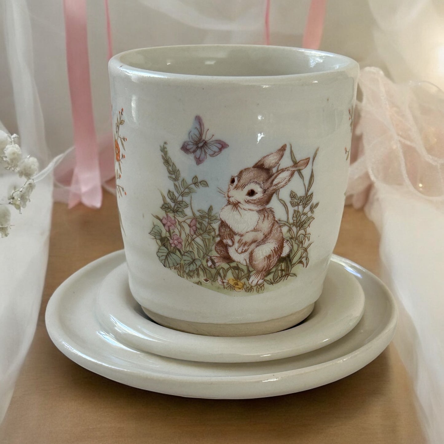 Woodland Tea Cup #47 with Cute Bunny and Butterfly Designs