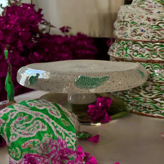 Handbuilt Cake Stand #1 with Sprigged Leaves on Speckled White Glaze