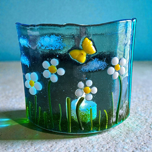Handmade Fused Glass Candle Shield with Daisies and Butterfly