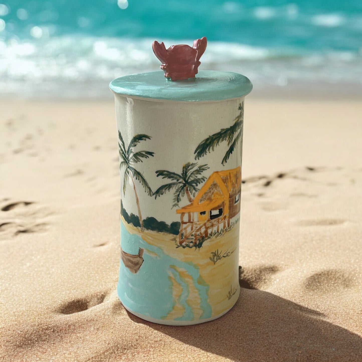 Handbuilt Canister #36 with Painted Beach Scene and Lobster Lid