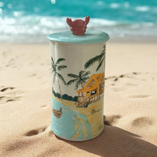 Handbuilt Canister #36 with Painted Beach Scene and Lobster Lid