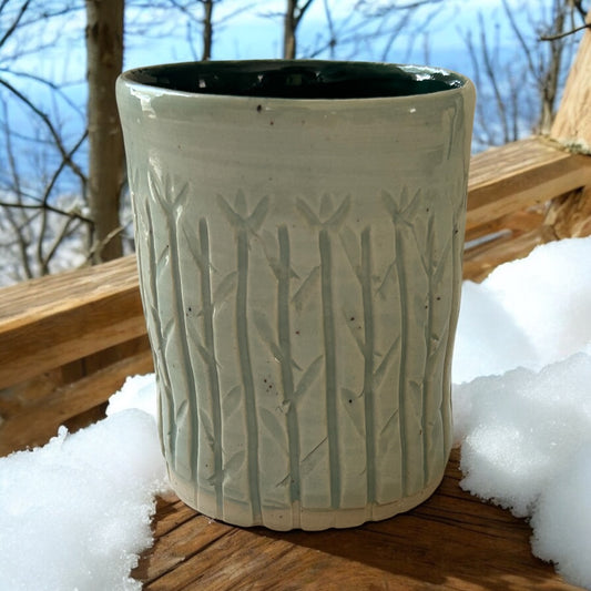 Medium Carved Cup #3 with Winter Tree Tops Designs in Teal Green
