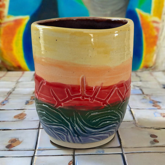 Small Carved Cup #4 with Sunset Design in Rainbow