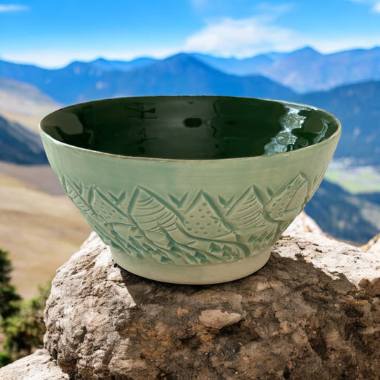 Small Carved Ice Cream Bowl #1 with Mountains and Trees in Translucent Green