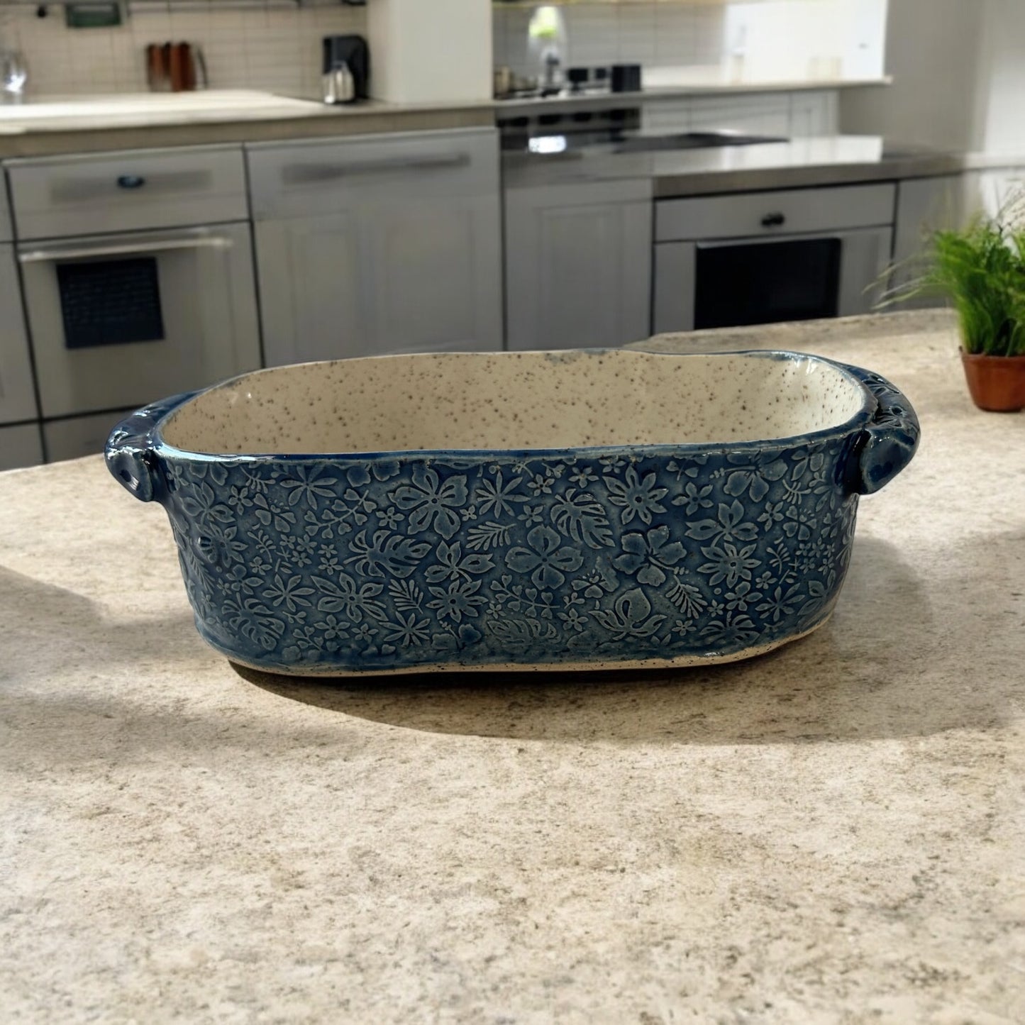 Small Rectangular Textured Casserole #3 with Floral Designs in Deep Ocean Blue