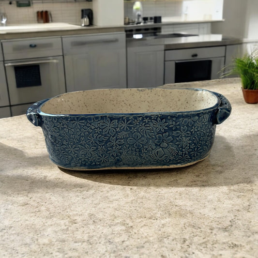 Small Rectangular Textured Casserole #3 with Floral Designs in Deep Ocean Blue