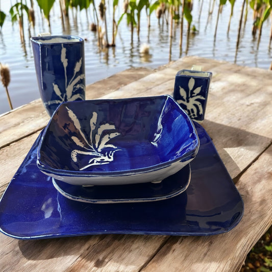 Cattails Complete Square Dinnerware Set #10 in Cobalt Blue