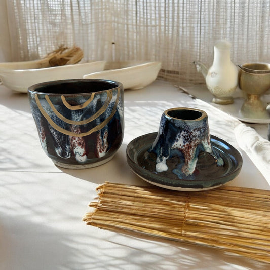 Traditional Japanese Chawan Tea Bowl and Chasen Whisk Holder Set #3 with 14K Gold Accents