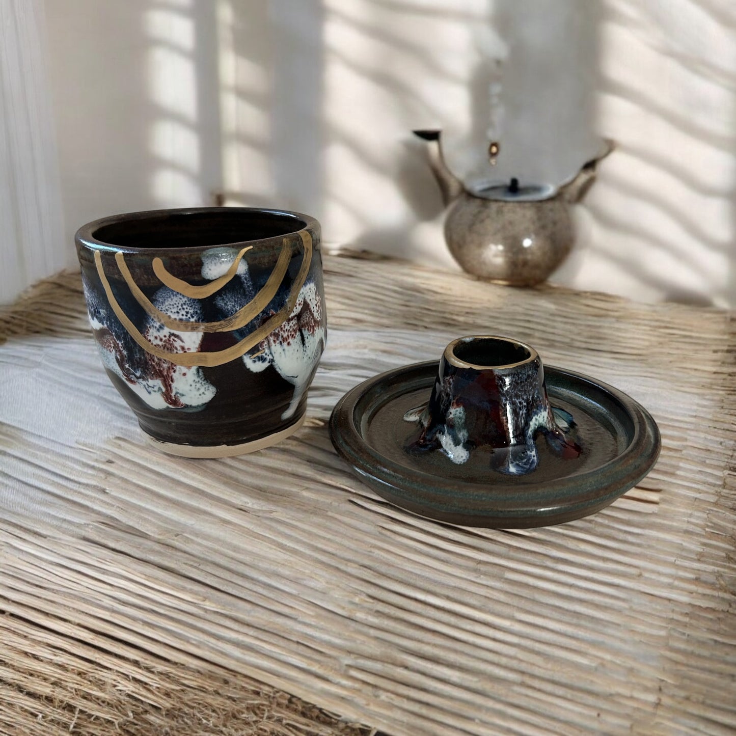 Traditional Chawan Tea Bowl and Chasen Whisk Holder Set #4 with 14K Gold Accents