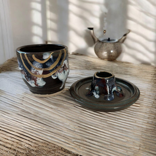 Traditional Chawan Tea Bowl and Chasen Whisk Holder Set #4 with 14K Gold Accents