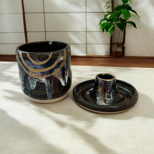 Traditional Chawan Tea Bowl and Chasen Whisk Holder Set #5 with 14K Gold Accents