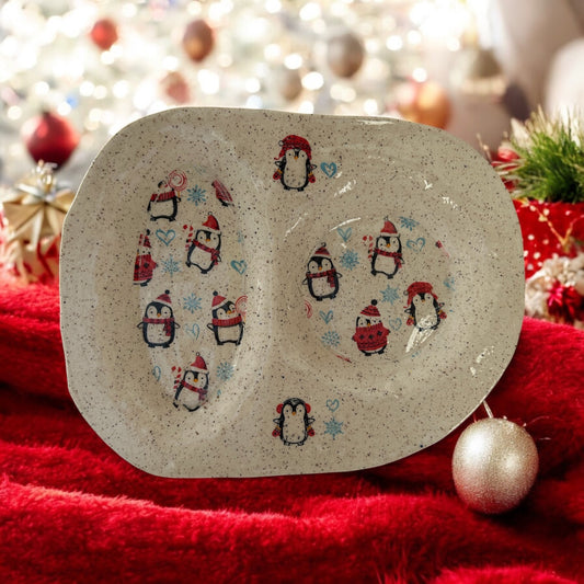 Small Holiday Tray #4 with Cute Christmas Penguins Monoprint Designs