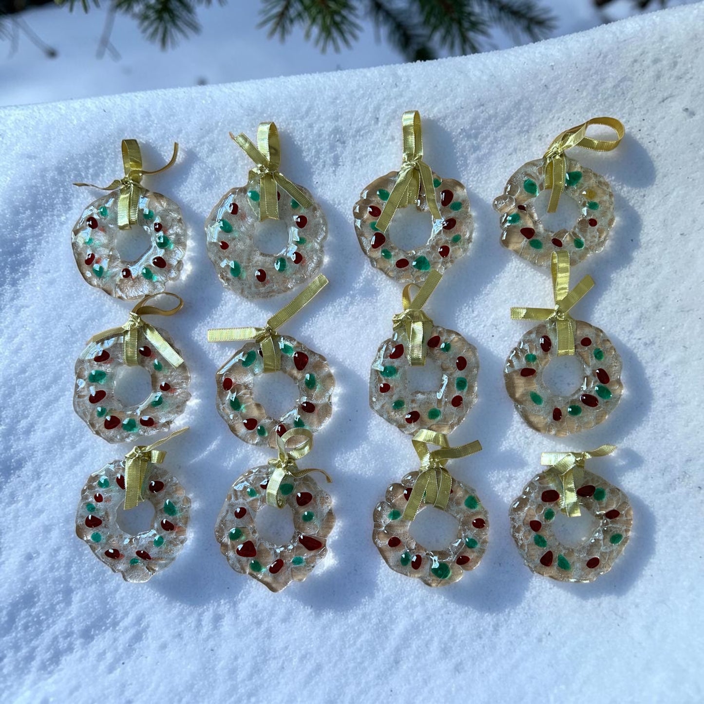 Homemade Fused Glass Christmas Wreath Ornament with Translucent Red and Green Lights