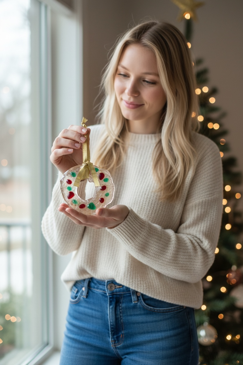 Homemade Fused Glass Christmas Wreath Ornament with Translucent Red and Green Lights